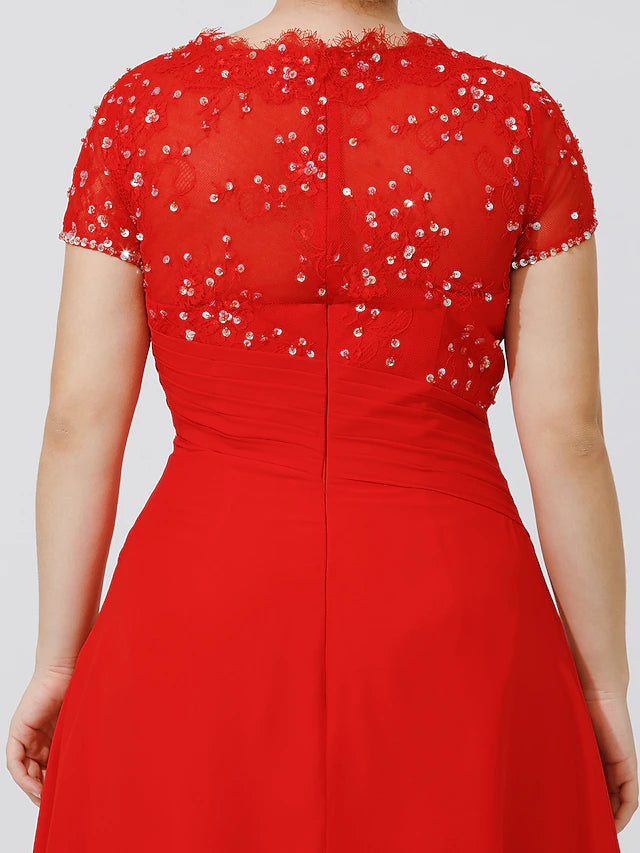 A-Linien-Kleid für die Brautmutter, elegant und luxuriös, schöner Rücken, Übergröße, Rundhalsausschnitt, knielang, Chiffon, Perlenspitze, kurze Ärmel, ohne Falten, Perlenbesatz, Blumen